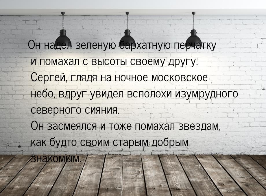 Он надел зеленую бархатную перчатку и помахал с высоты своему другу. Сергей, глядя на ночн