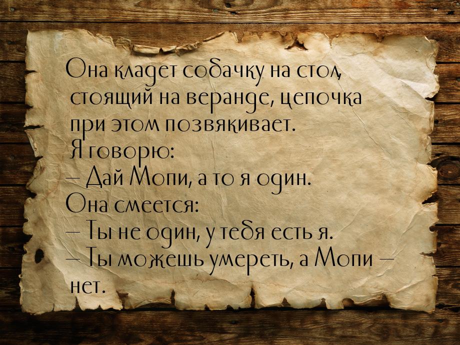 Она кладет собачку на стол, стоящий на веранде, цепочка при этом позвякивает.  Я говорю: &