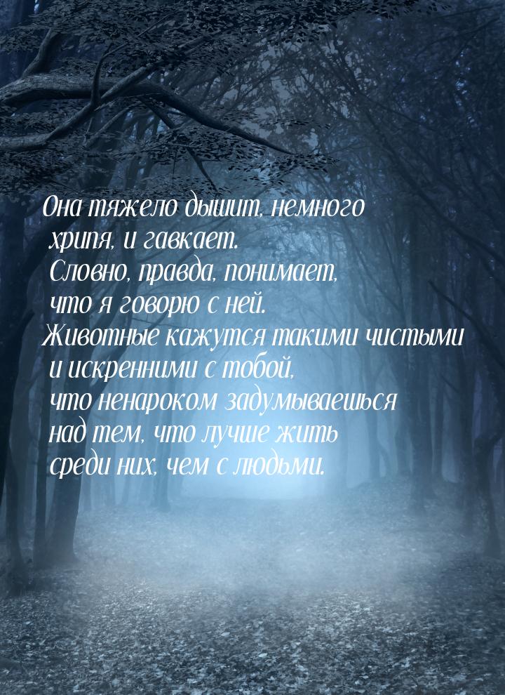 Она тяжело дышит, немного хрипя, и гавкает. Словно, правда, понимает, что я говорю с ней. 