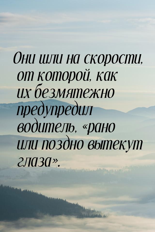 Они шли на скорости, от которой, как их безмятежно предупредил водитель, рано или п