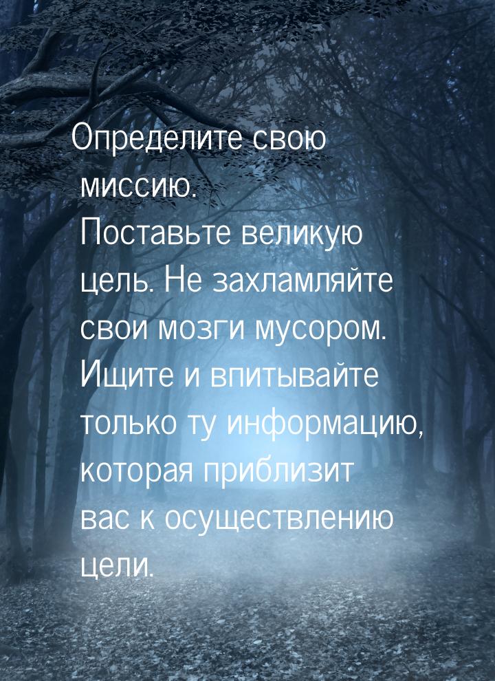 Определите свою миссию. Поставьте великую цель. Не захламляйте свои мозги мусором. Ищите и