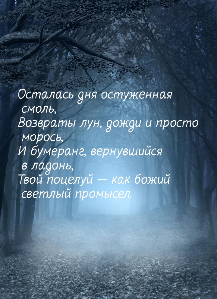 Осталась дня остуженная смоль, Возвраты лун, дожди и просто морось, И бумеранг, вернувшийс