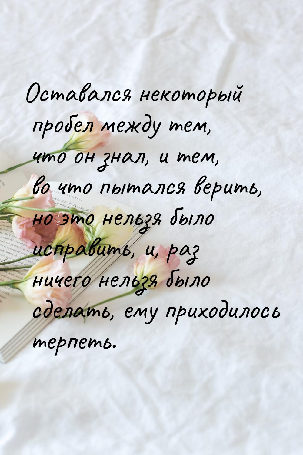 Оставался некоторый пробел между тем, что он знал, и тем, во что пытался верить, но это не