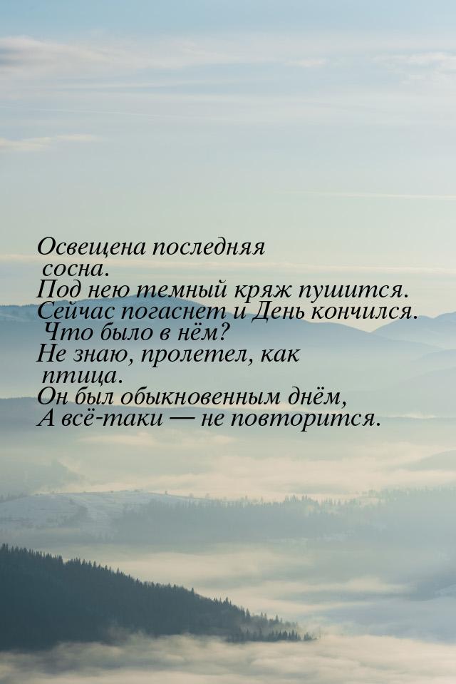 Освещена последняя сосна. Под нею темный кряж пушится. Сейчас погаснет и День кончился. Чт