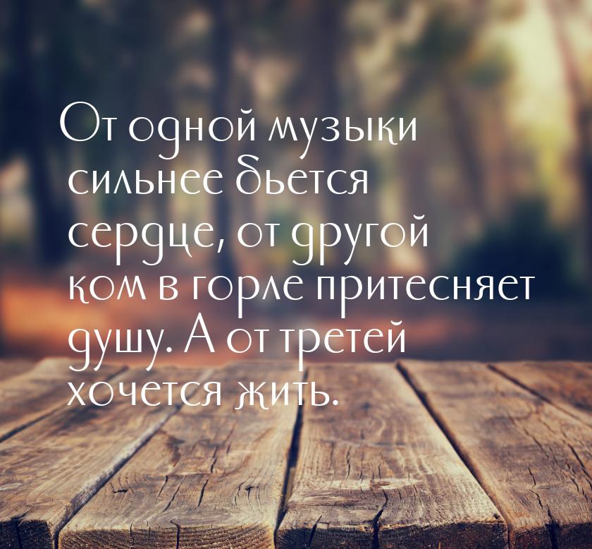 От одной музыки сильнее бьется сердце, от другой ком в горле притесняет душу. А от третей 