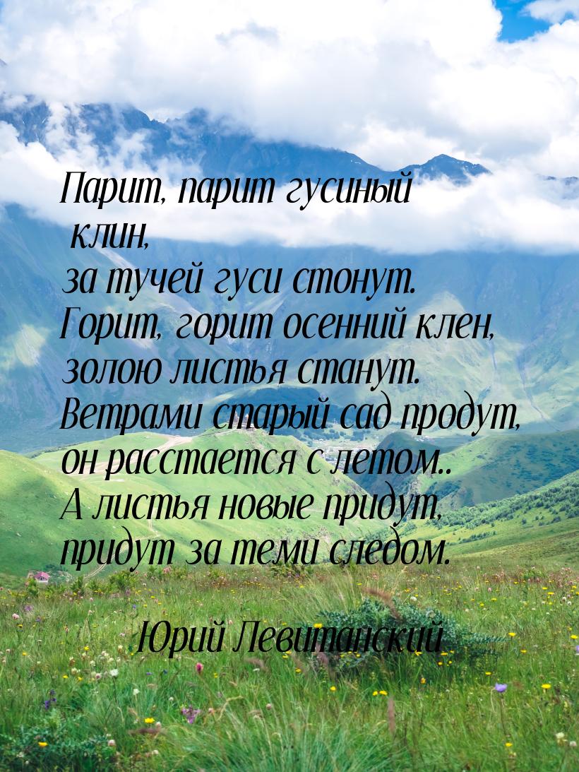 Парит, парит гусиный клин, за тучей гуси стонут. Горит, горит осенний клен, золою листья с