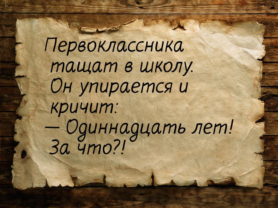 Первоклассника тащат в школу. Он упирается и кричит:  Одиннадцать лет! За что?!