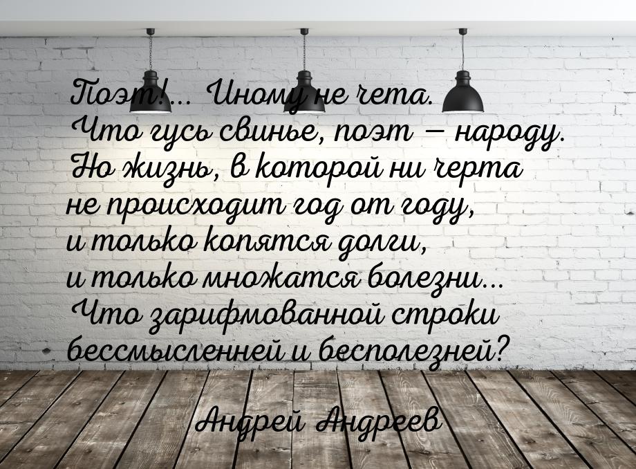 Поэт!... Иному не чета. Что гусь свинье, поэт  народу. Но жизнь, в которой ни черта