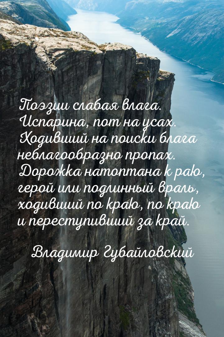 Поэзии слабая влага. Испарина, пот на усах. Ходивший на поиски блага неблагообразно пропах