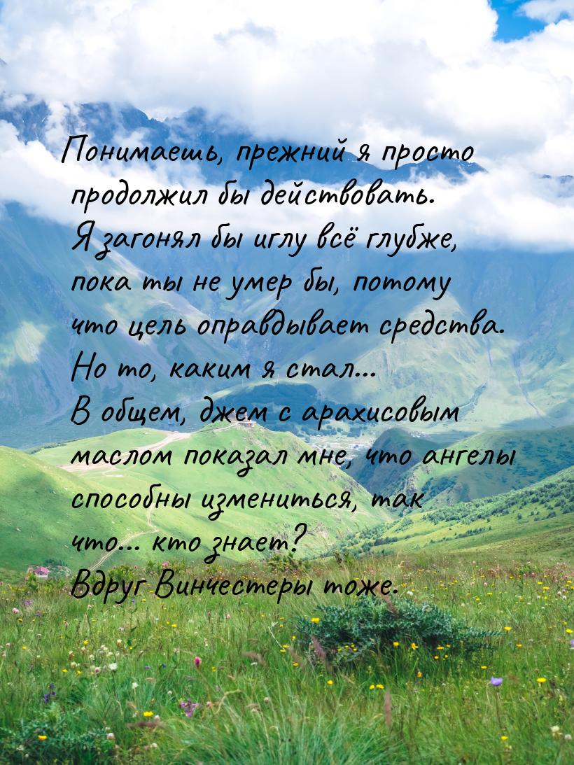 Понимаешь, прежний я просто продолжил бы действовать. Я загонял бы иглу всё глубже, пока т