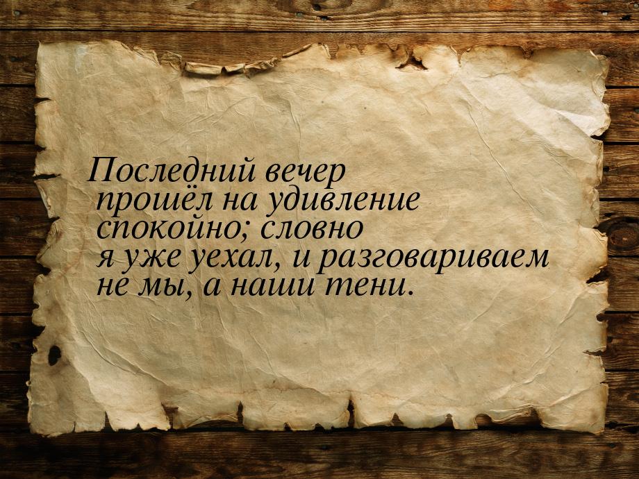 Последний вечер прошёл на удивление спокойно; словно я уже уехал, и разговариваем не мы, а