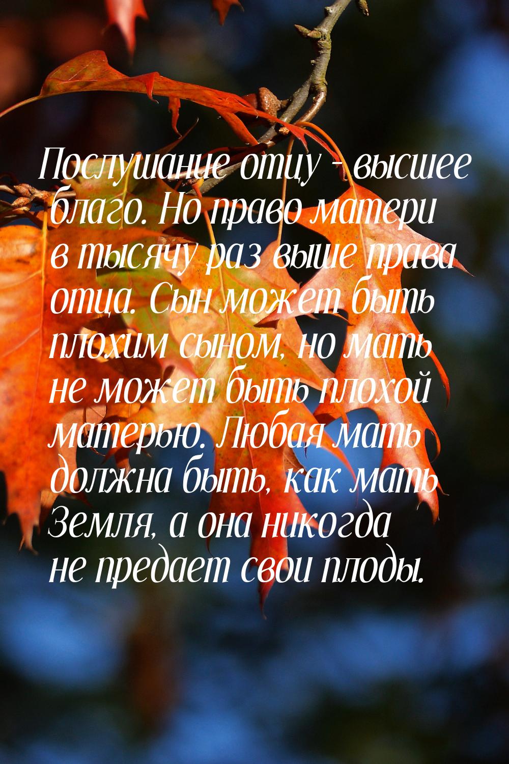 Послушание отцу – высшее благо. Но право матери в тысячу раз выше права отца. Сын может бы