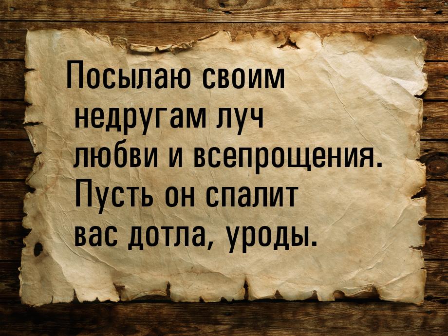 Посылаю своим недругам луч любви и всепрощения. Пусть он спалит вас дотла, уроды.