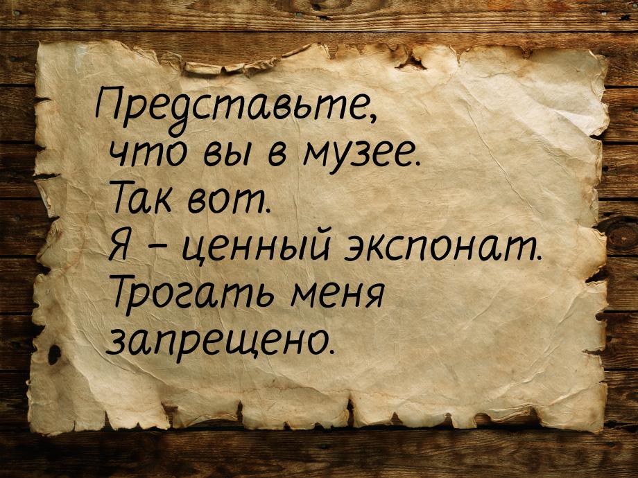 Представьте, что вы в музее. Так вот. Я – ценный экспонат. Трогать меня запрещено.