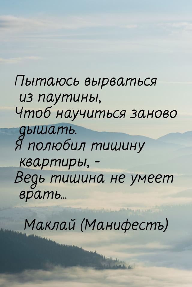 Пытаюсь вырваться из паутины, Чтоб научиться заново дышать. Я полюбил тишину квартиры, - В