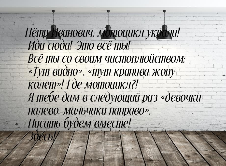 Пётр Иванович, мотоцикл украли! Иди сюда! Это всё ты! Всё ты со своим чистоплюйством: &laq