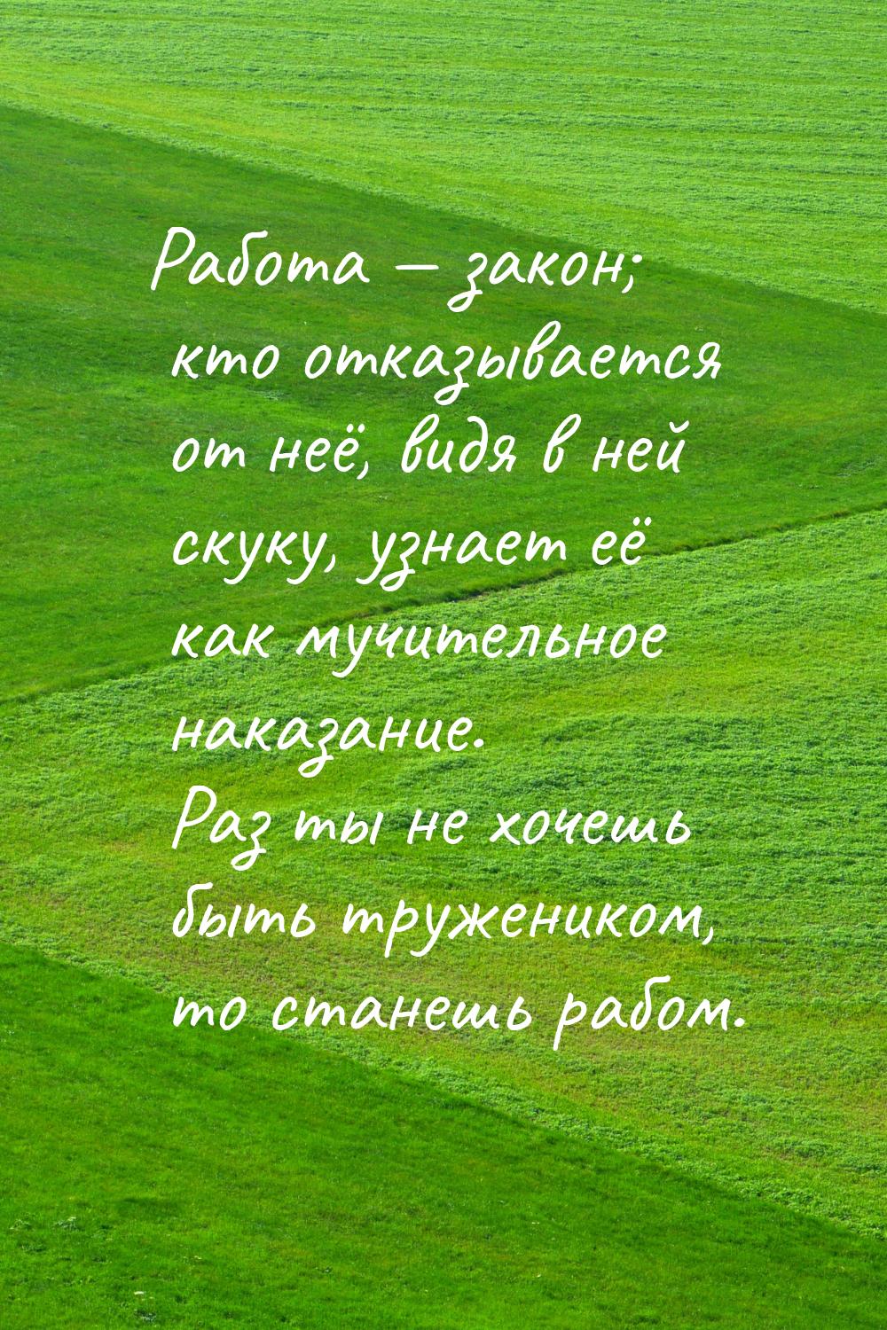 Работа  закон; кто отказывается от неё, видя в ней скуку, узнает её как мучительное