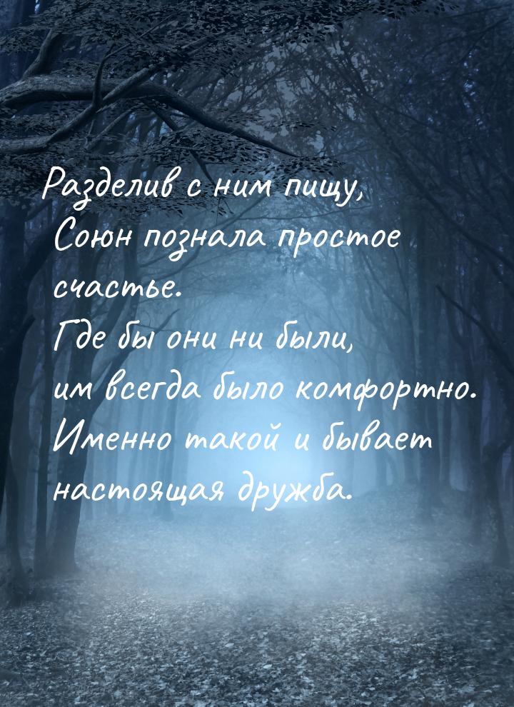 Разделив с ним пищу, Союн познала простое счастье. Где бы они ни были, им всегда было комф