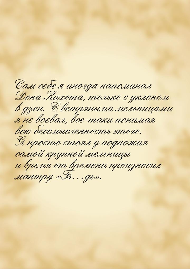 Сам себе я иногда напоминал Дона Кихота, только с уклоном в дзен. С ветряными мельницами я