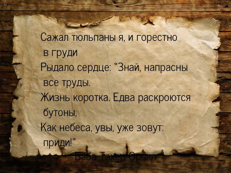 Сажал тюльпаны я, и горестно в груди Рыдало сердце: «Знай, напрасны все труды. Жизнь корот