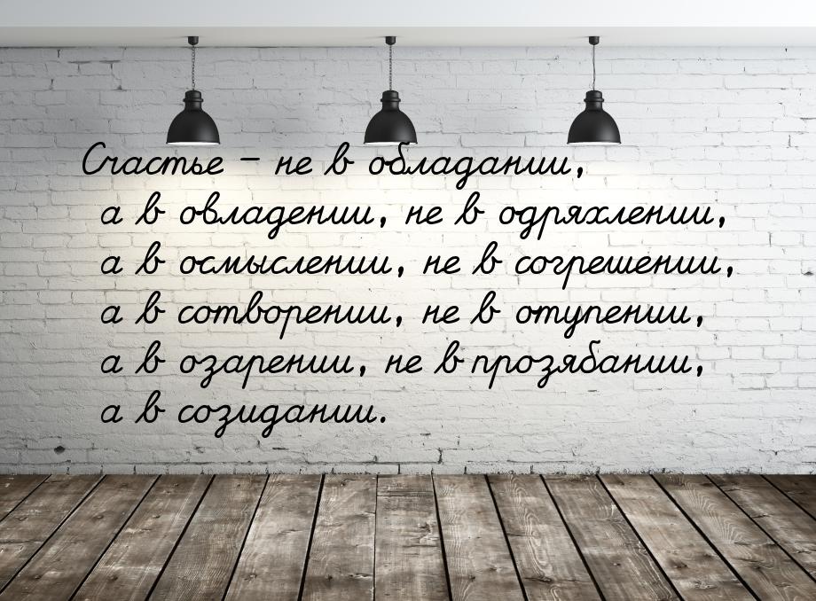 Счастье – не в обладании, а в овладении, не в одряхлении, а в осмыслении, не в согрешении,