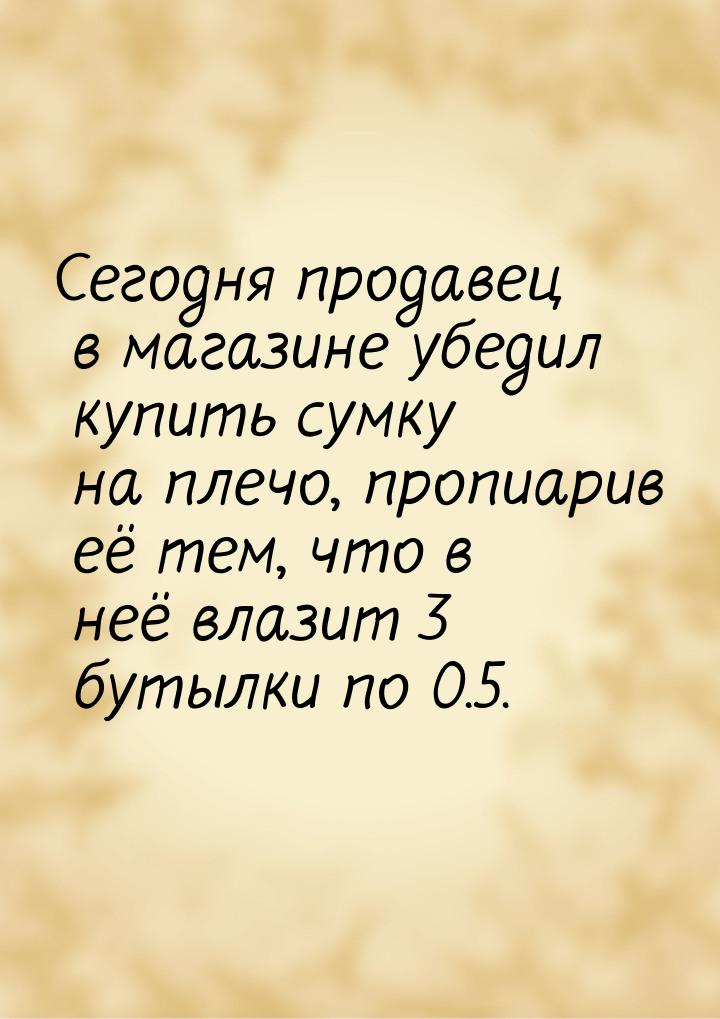 Сегодня продавец в магазине убедил купить сумку на плечо, пропиарив её тем, что в неё влаз