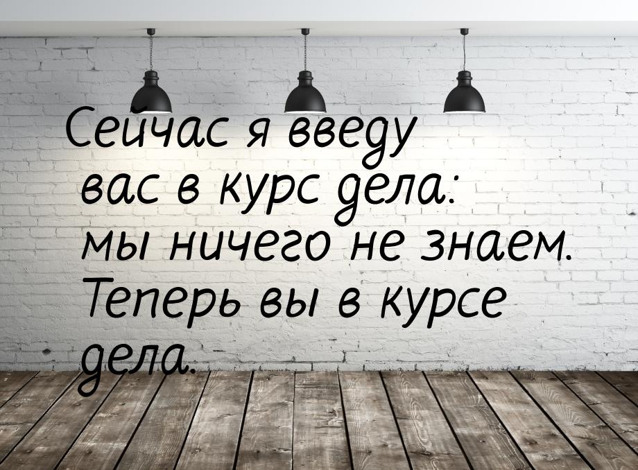 Сейчас я введу вас в курс дела: мы ничего не знаем. Теперь вы в курсе дела.