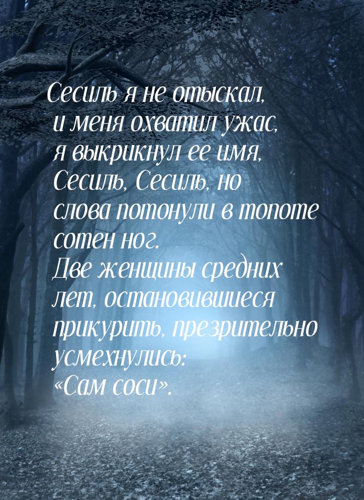 Сесиль я не отыскал, и меня охватил ужас, я выкрикнул ее имя, Сесиль, Сесиль, но слова пот