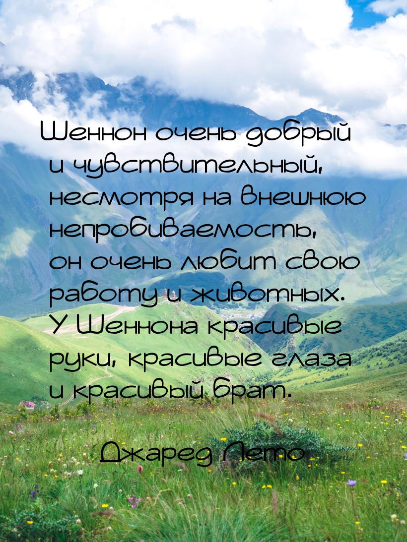 Шеннон очень добрый и чувствительный, несмотря на внешнюю непробиваемость, он очень любит 