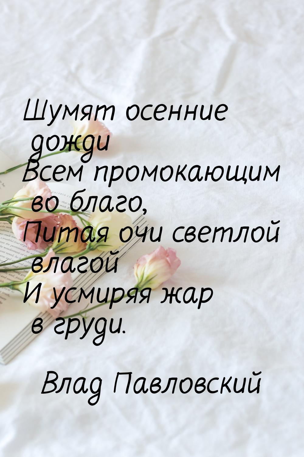 Шумят осенние дожди Всем промокающим во благо, Питая очи светлой влагой И усмиряя жар в гр