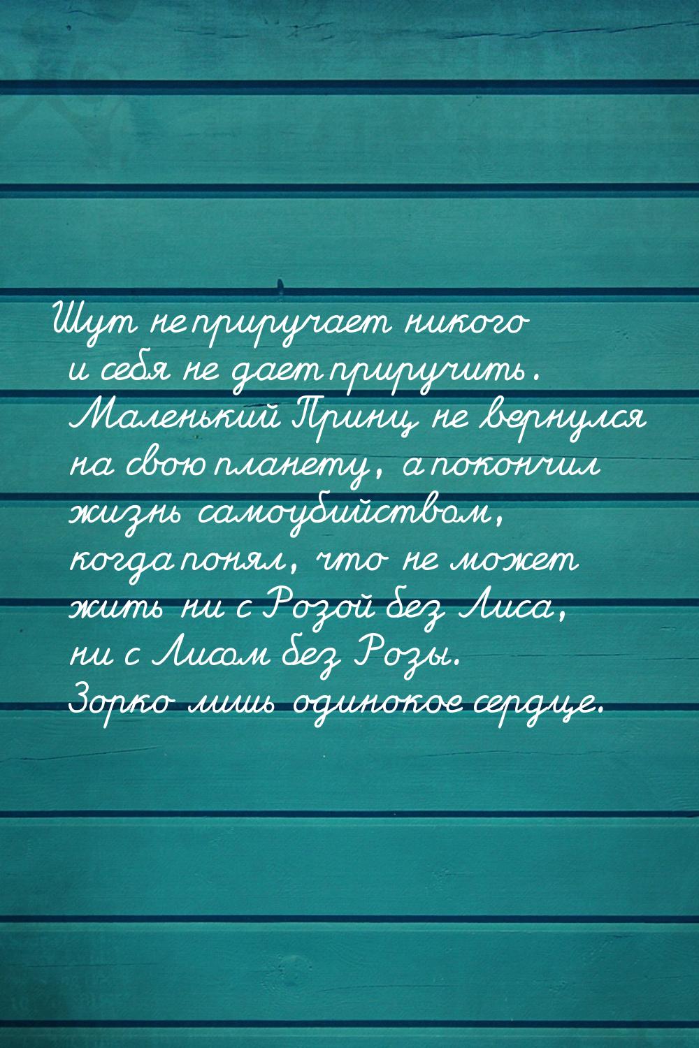 Шут не приручает никого и себя не дает приручить. Маленький Принц не вернулся на свою план