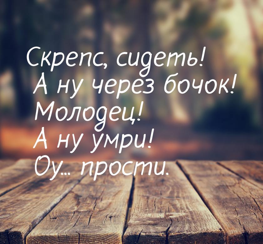 Скрепс, сидеть! А ну через бочок! Молодец! А ну умри! Оу... прости.