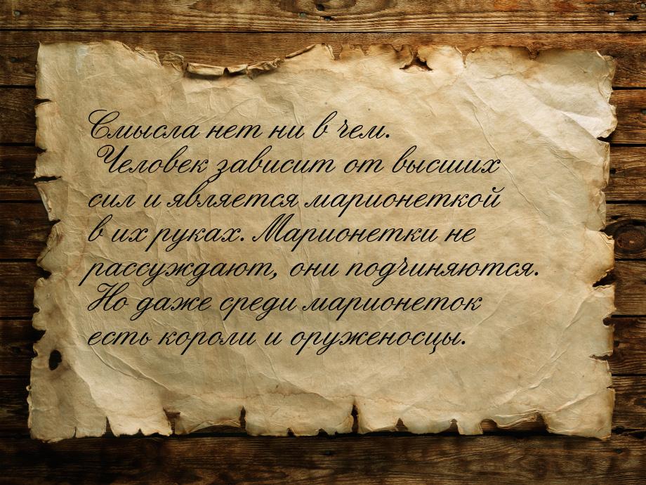 Смысла нет ни в чем. Человек зависит от высших сил и является марионеткой в их руках. Мари