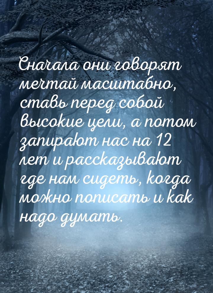Сначала они говорят мечтай масштабно, ставь перед собой высокие цели, а потом запирают нас