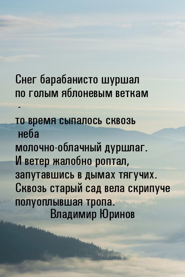 Снег барабанисто шуршал по голым яблоневым веткам - то время сыпалось сквозь неба молочно-