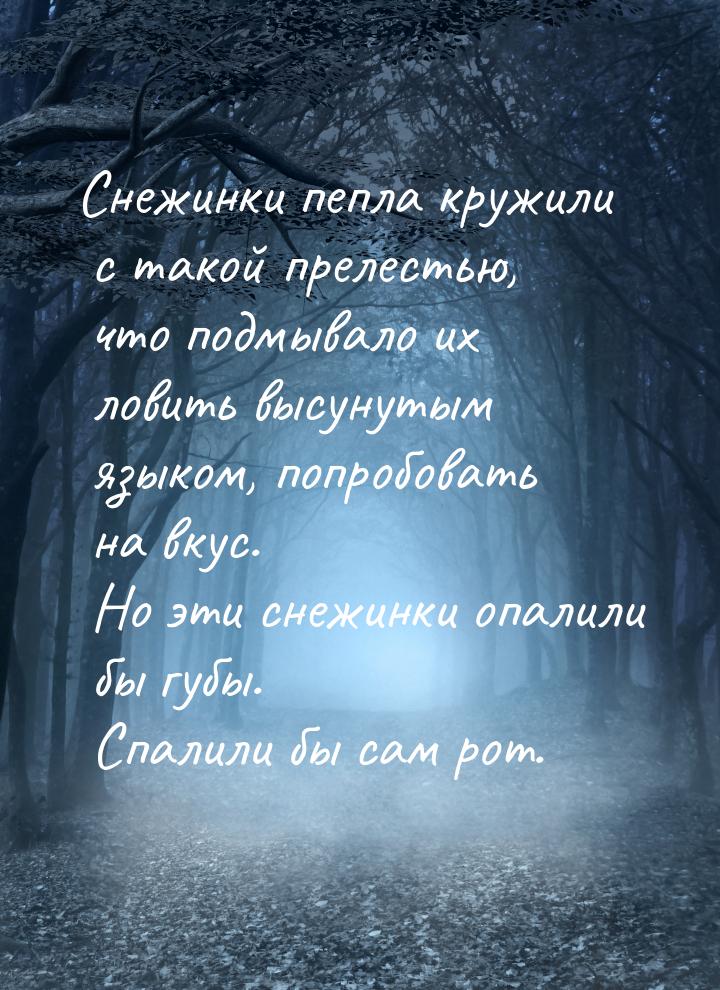 Снежинки пепла кружили с такой прелестью, что подмывало их ловить высунутым языком, попроб