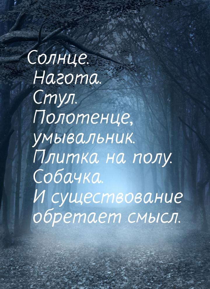 Солнце. Нагота. Стул. Полотенце, умывальник. Плитка на полу. Собачка. И существование обре