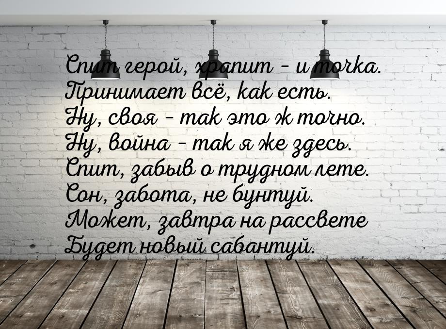 Спит герой, храпит – и точка. Принимает всё, как есть. Ну, своя – так это ж точно. Ну, вой