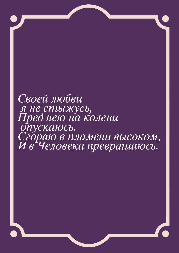 Своей любви я не стыжусь, Пред нею на колени опускаюсь. Сгораю в пламени высоком, И в Чело