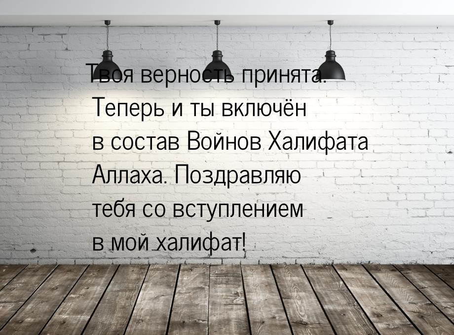 Твоя верность принята. Теперь и ты включён в состав Войнов Халифата Аллаха. Поздравляю теб