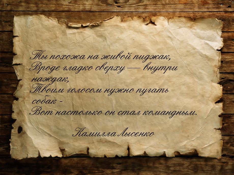 Ты похожа на живой пиджак, Вроде гладко сверху  внутри наждак, Твоим голосом нужно 