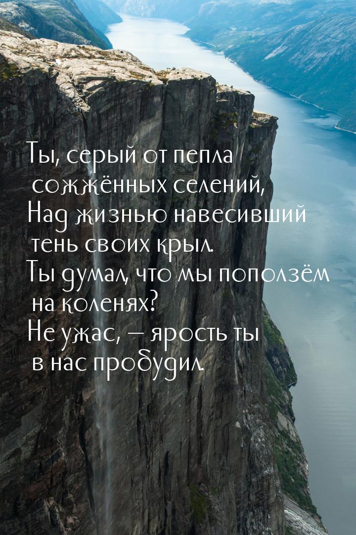 Ты, серый от пепла сожжённых селений, Над жизнью навесивший тень своих крыл. Ты думал, что