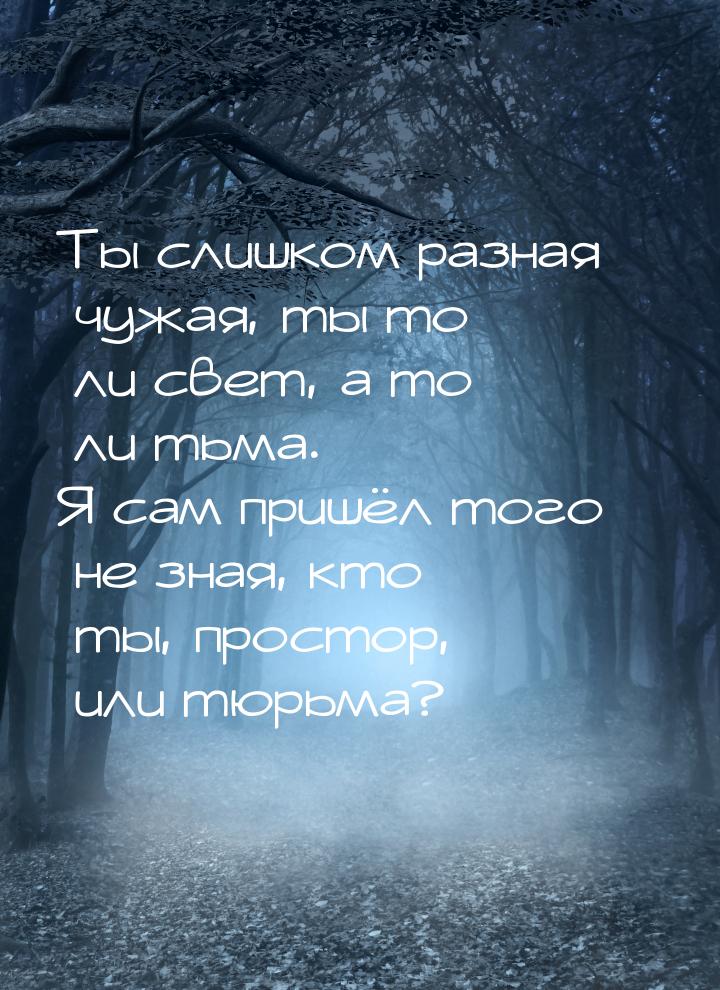 Ты слишком разная… чужая, ты то ли свет, а то ли тьма. Я сам пришёл того не зная, кто ты, 