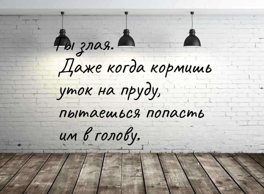 Ты злая. Даже когда кормишь уток на пруду, пытаешься попасть им в голову.