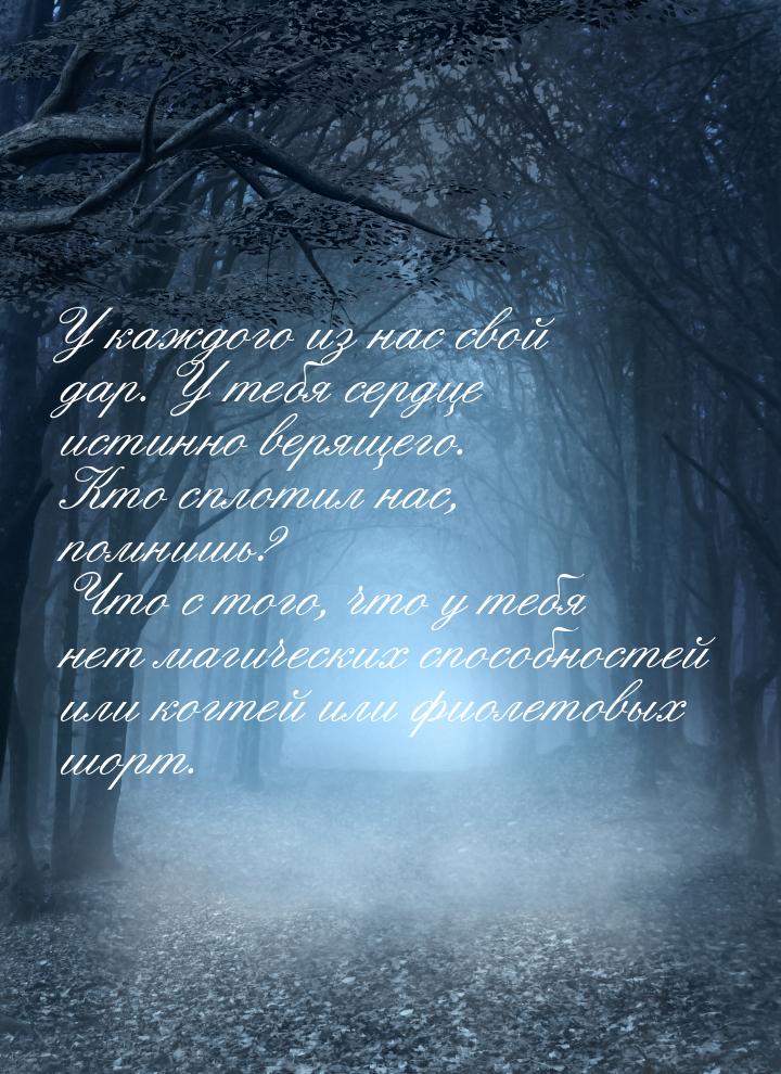 У каждого из нас свой дар. У тебя сердце истинно верящего. Кто сплотил нас, помнишь? Что с