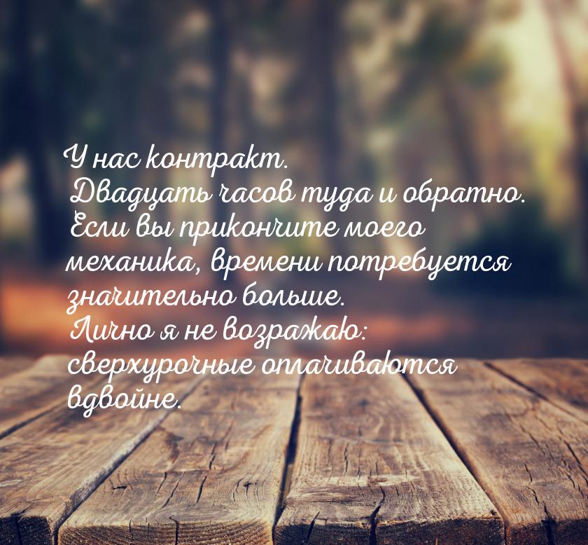У нас контракт. Двадцать часов туда и обратно. Если вы прикончите моего механика, времени 