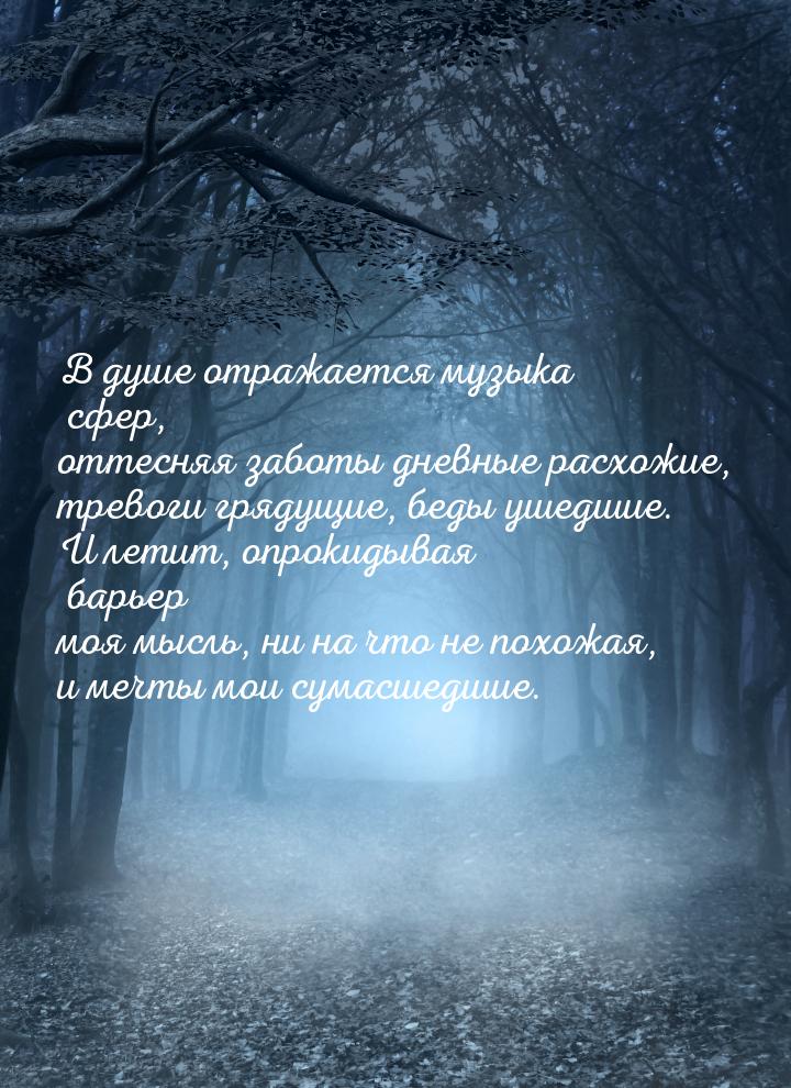 В душе отражается музыка сфер, оттесняя заботы дневные расхожие, тревоги грядущие, беды уш