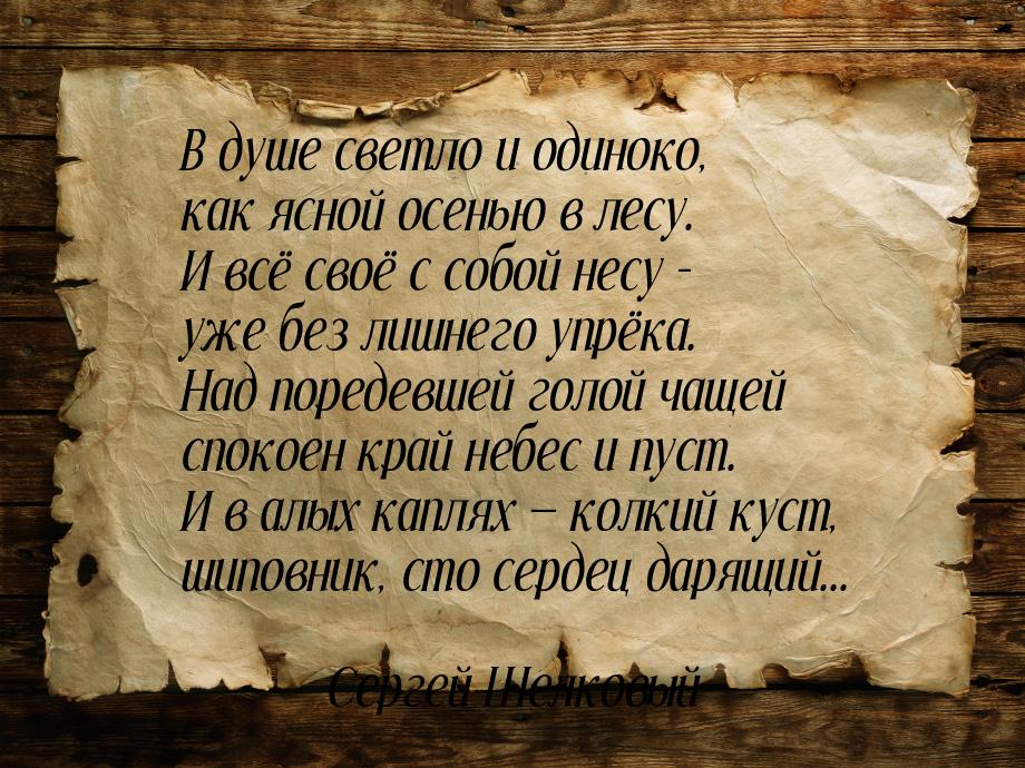 В душе светло и одиноко, как ясной осенью в лесу. И всё своё с собой несу - уже без лишнег