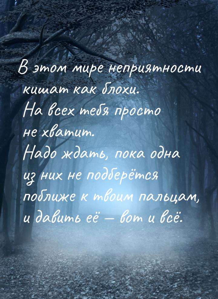 В этом мире неприятности кишат как блохи. На всех тебя просто не хватит. Надо ждать, пока 