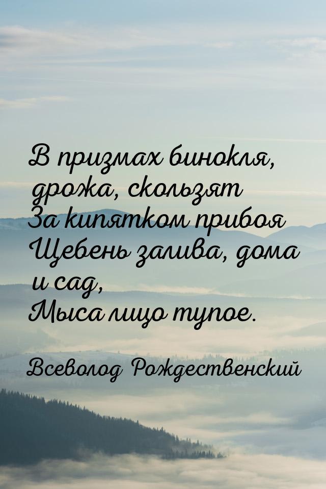 В призмах бинокля, дрожа, скользят За кипятком прибоя Щебень залива, дома и сад, Мыса лицо